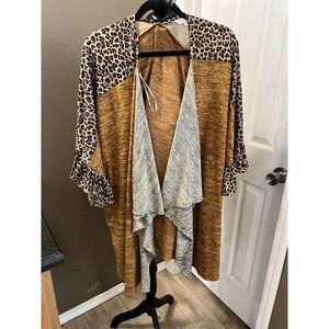 Umgee Yellow & Leopard Print Waterfall Open‎ Front Cardigan Plus Size 1X